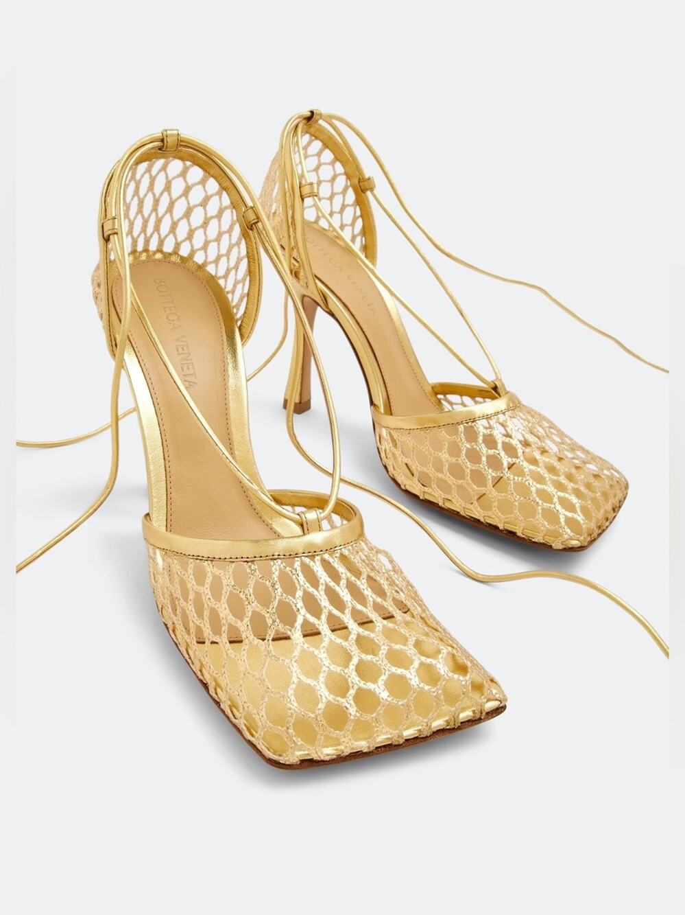 Bottega Veneta Gold Leather Mesh Lace-Up Heels 39